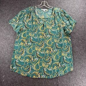 DR2 Women's Green Paisley Print Keyhole Neck Short Sleeve Blouse Top Size L